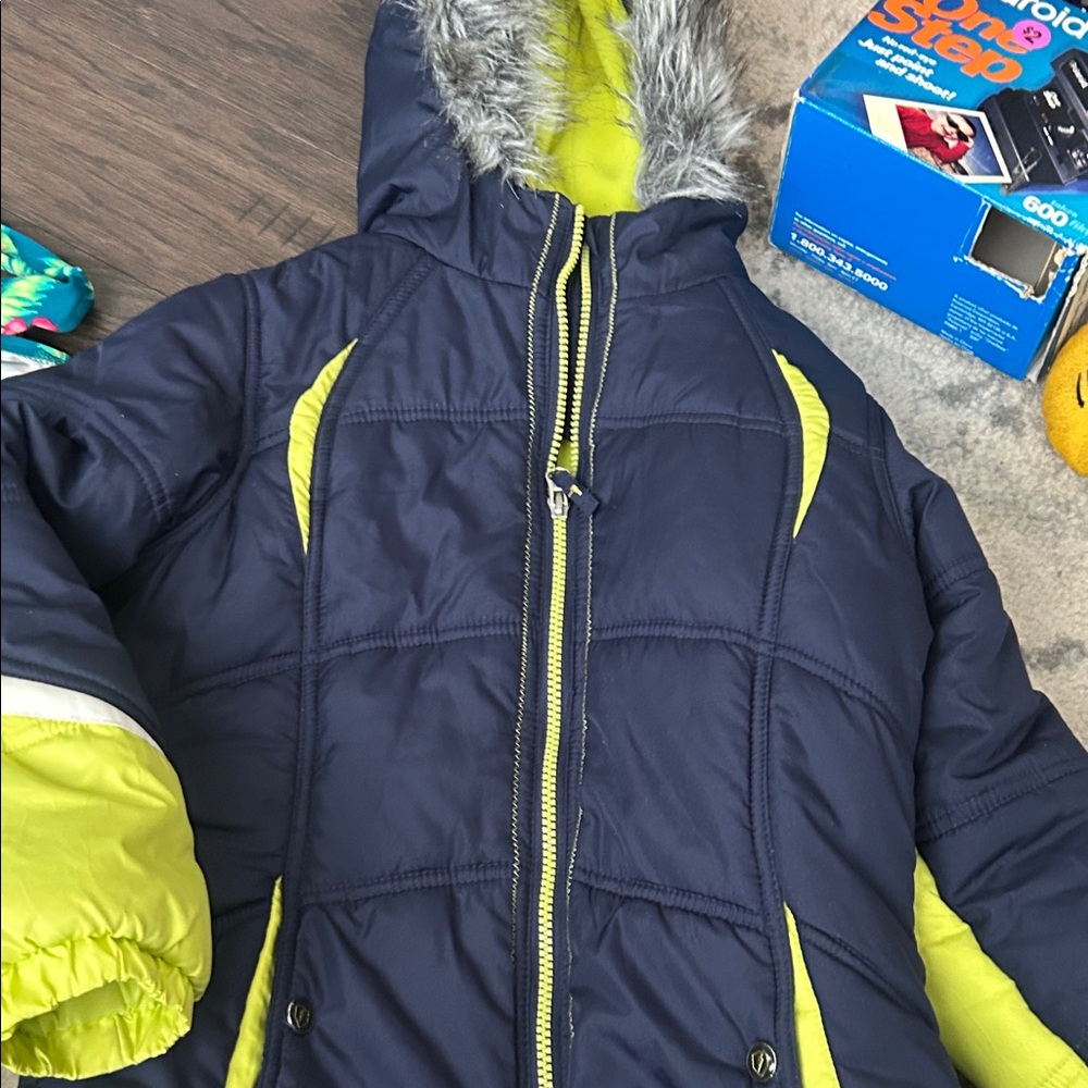 Navy and Lime Green Puffer Jacket with Faux Fur Hood